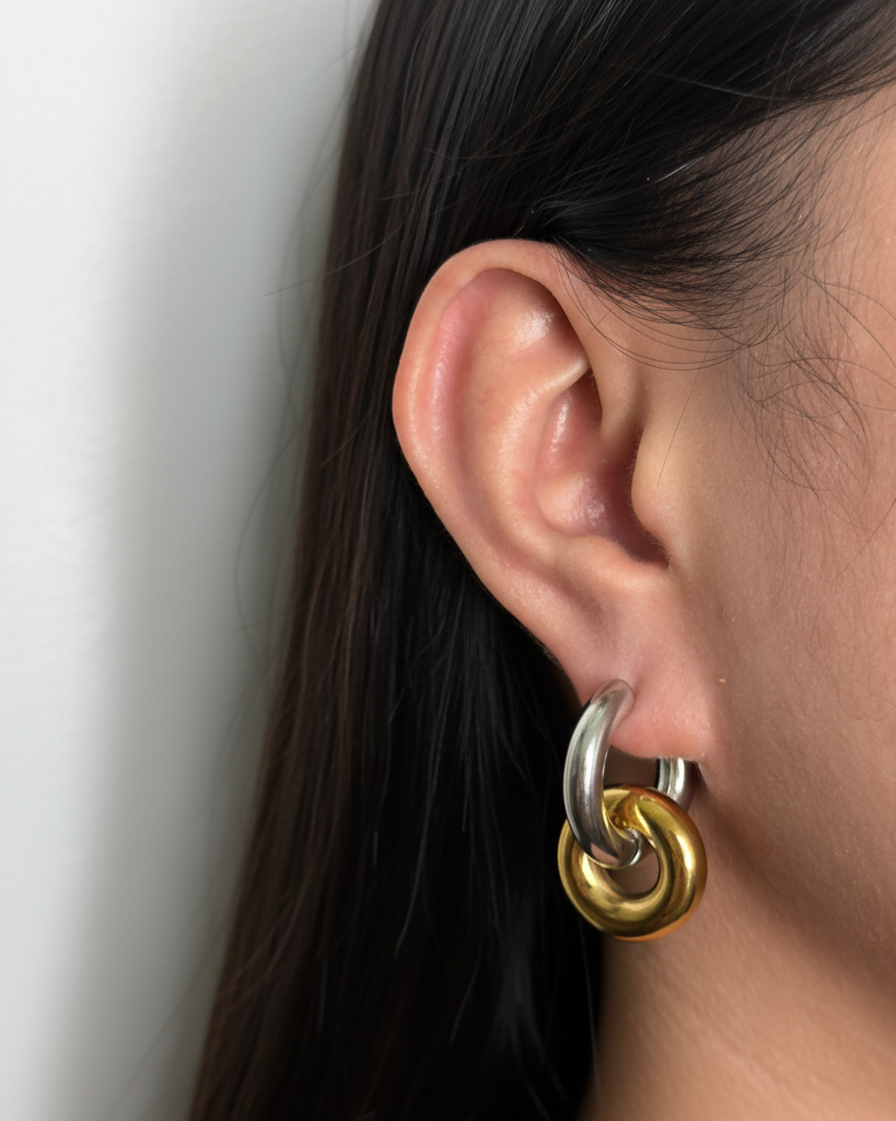 Inarae Two Tone Multi Ring Thick Gold Hoop Silver Hoop Design Drop Earrings