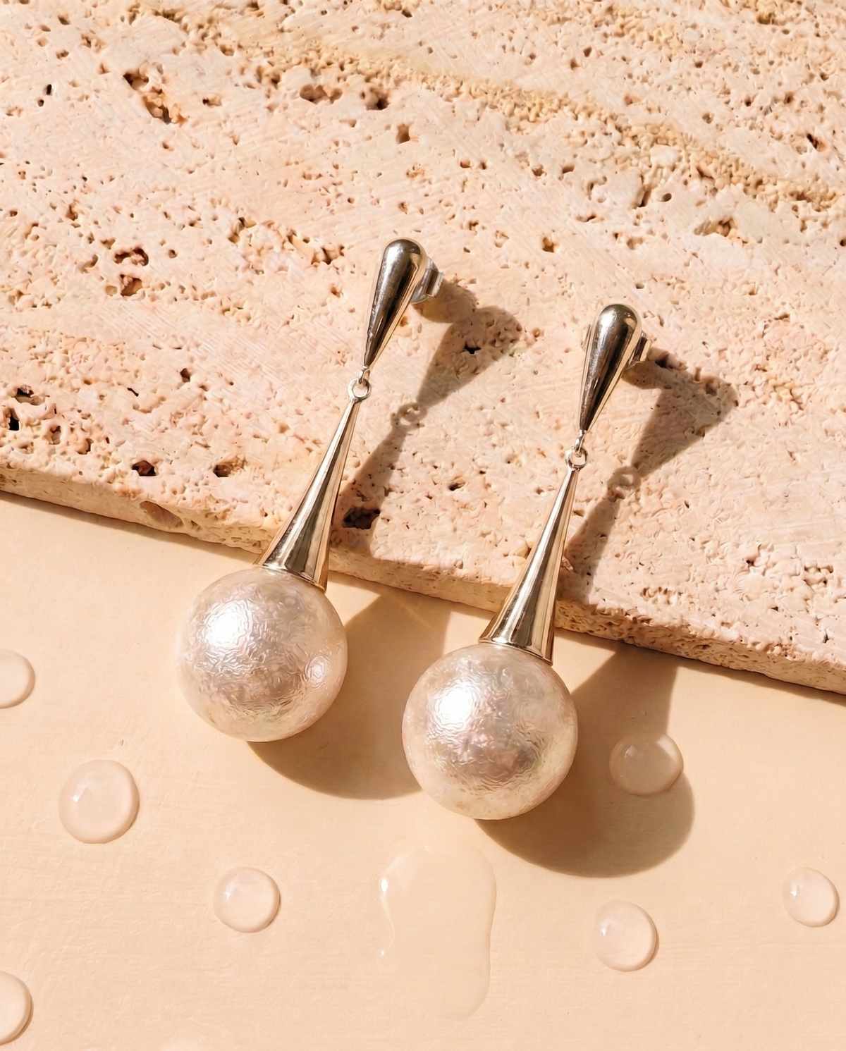 Irynelle (Silver) Cone Dangling Round Shell Stone Pearl Like Design Drop Earrings