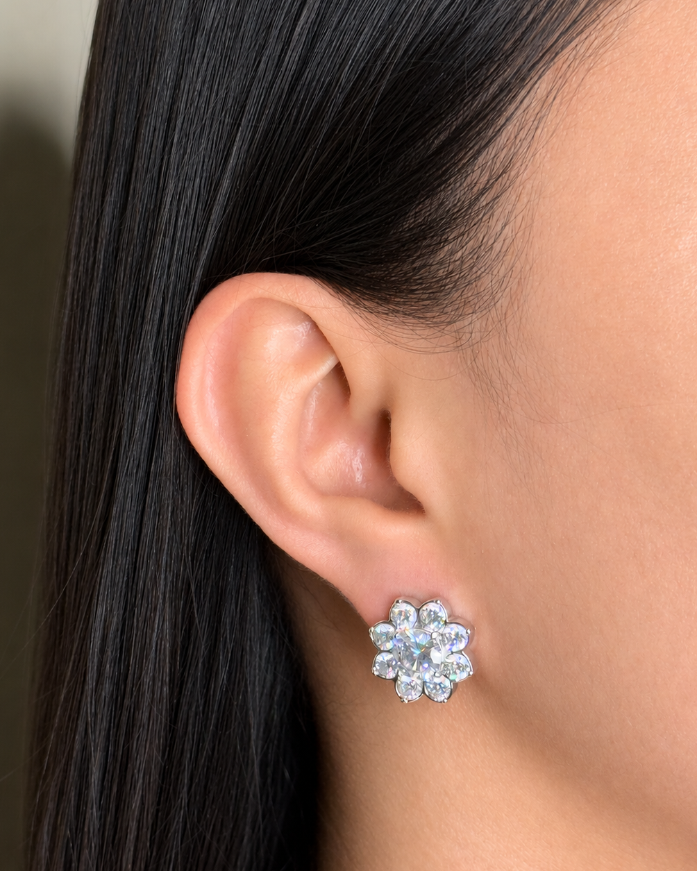 Isla (Silver) Sunflower Shaped All Zircon Paved Bezel Set Silver Stud Earrings