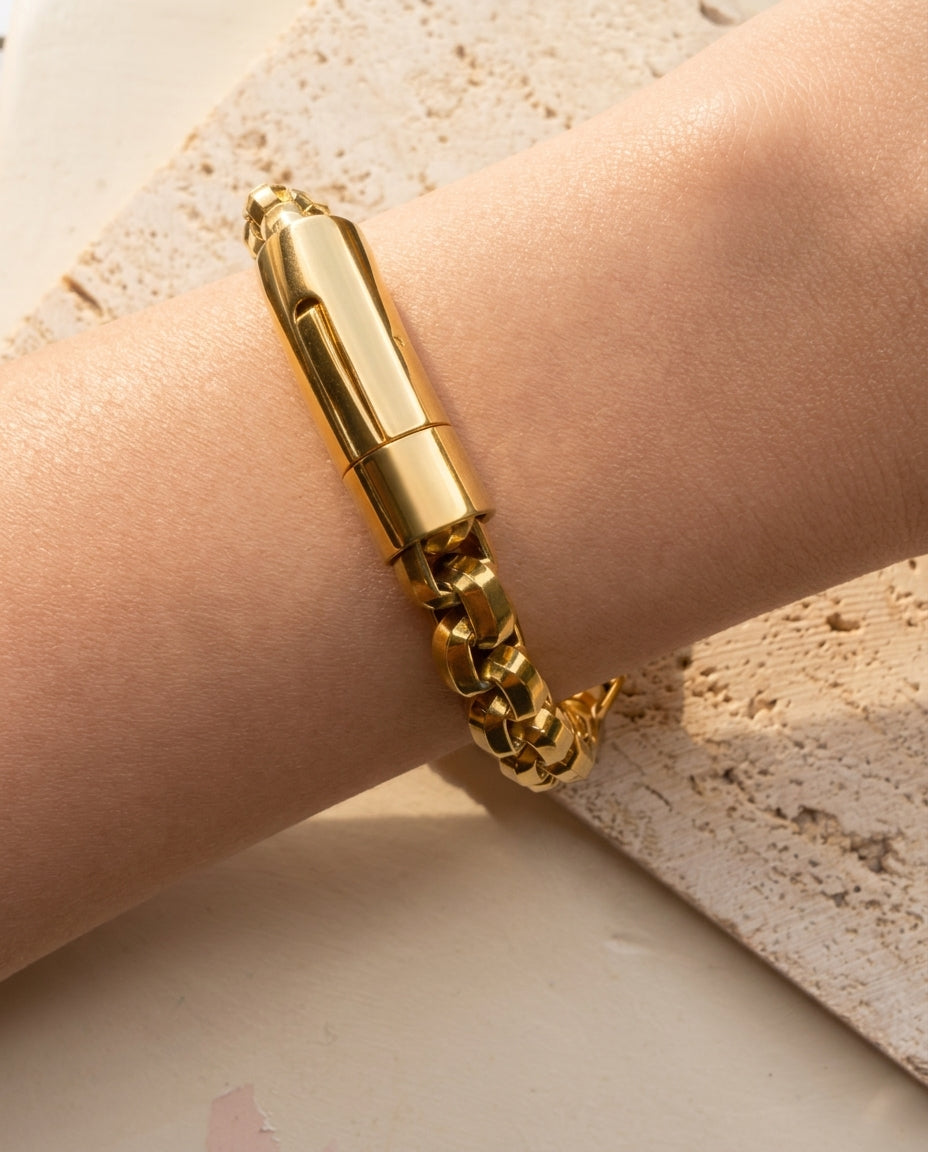James (Gold) Rounded Box Chain Design Magnetic Lock Bracelet