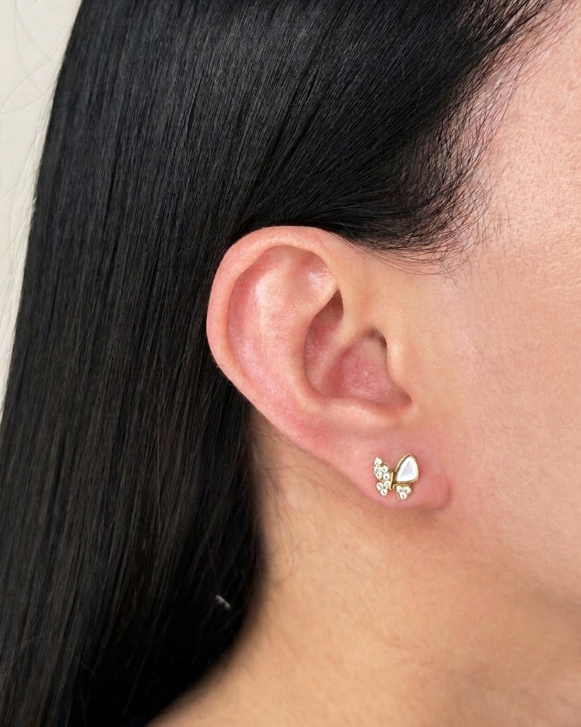 Jamie Butterly Shaped Zircon Paved Shell Stone Inlaid Wings Gold Stud Earrings