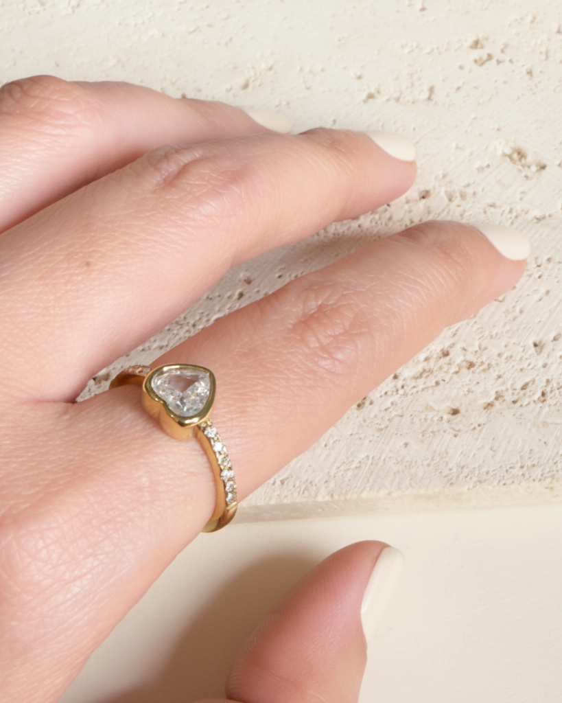 Janine Bezel Set Heart Shaped Zircon Centerstone Zircon Paved Gold Ring