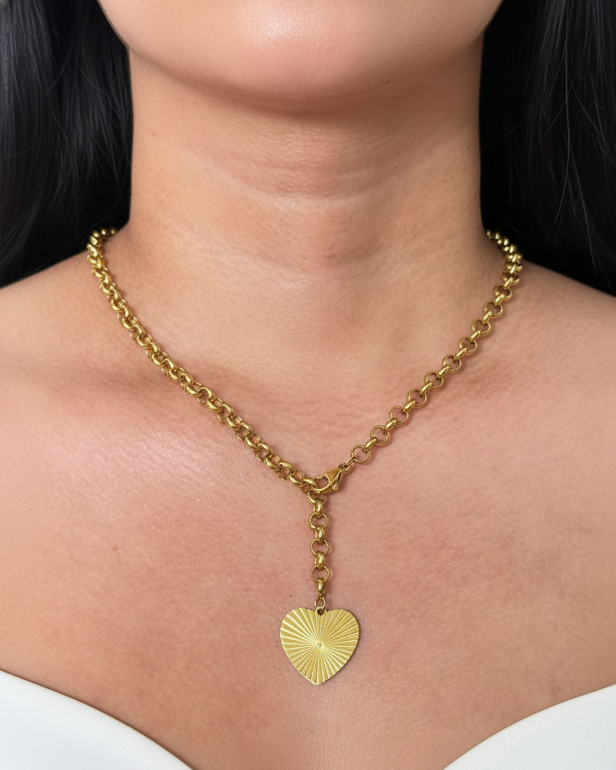 Jaryth Heart Shaped Pleated Design Pendant Round Ring Link Chain Lock Adjustable Gold Necklace
