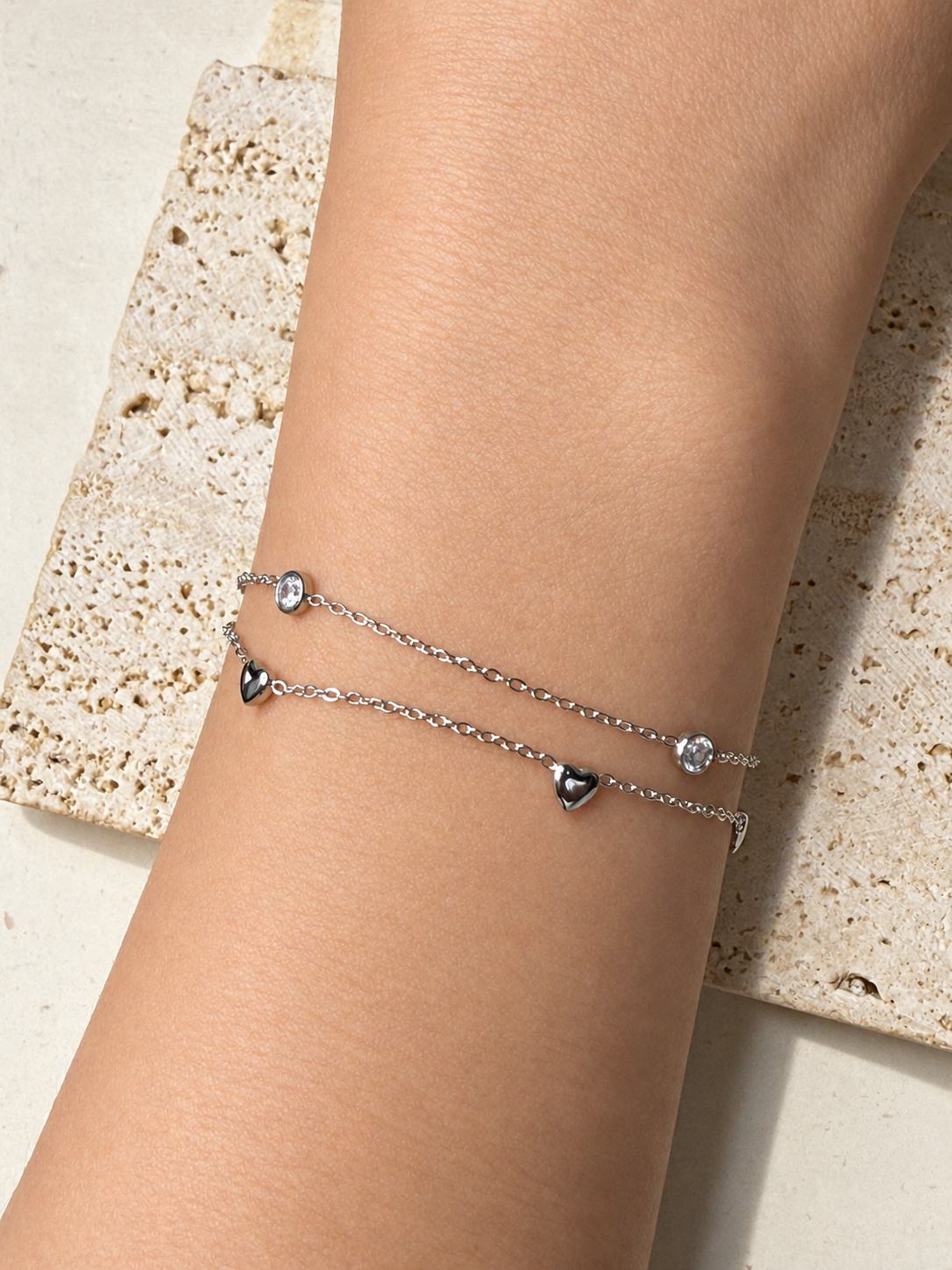 Jovie (Silver) Double Layer Solid Heart Beaded Round Zircon Inlaid Beaded Classic Link Chain Silver Bracelet