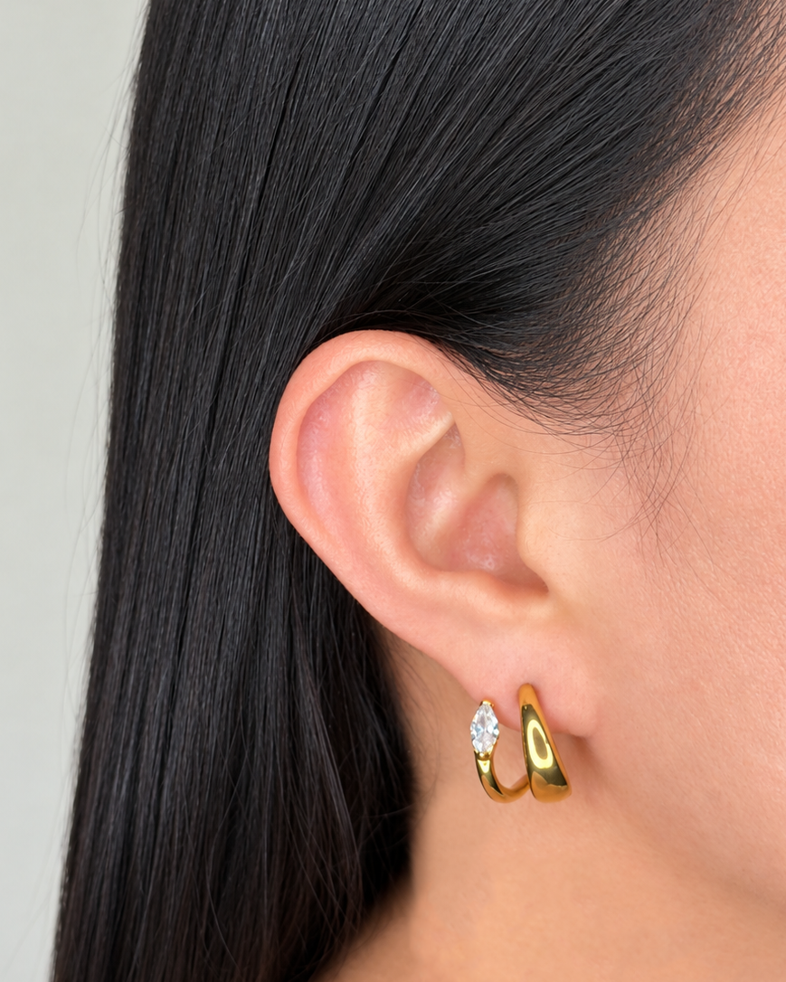 Kalia Double Layer C Shaped Waterdrop Shaped Solid Hoop Zircon Teardrop Shaped Layered Look Gold Hoops
