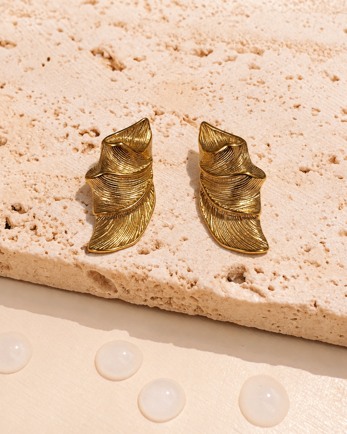 Kallie Chunky Textured Pleated Wing Shaped Vintage Design Gold Stud Drop Earrings