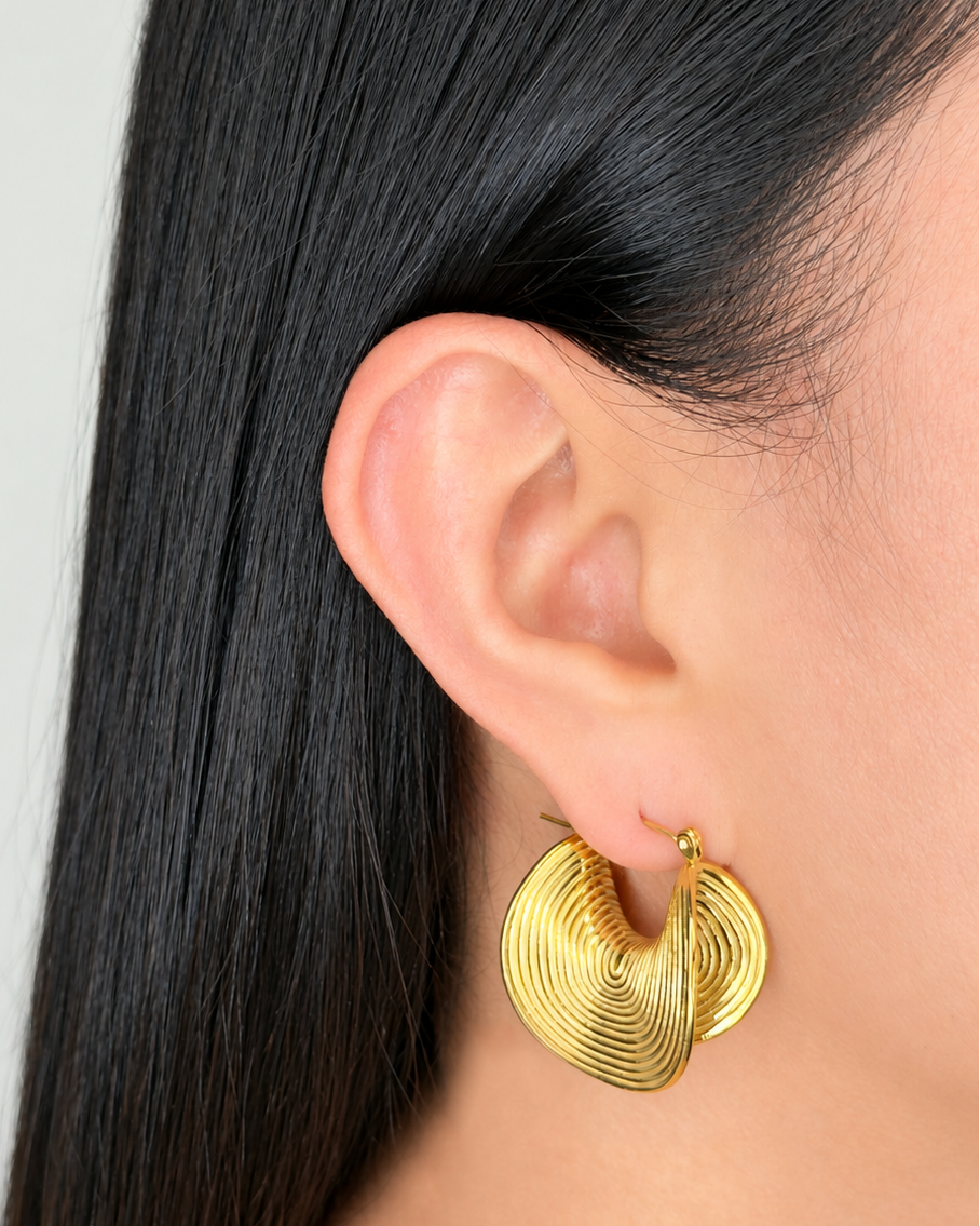 Kandace SeaShell Inspired Open Face Crescent Hoops Pleated Design Gold Hoop Earrings