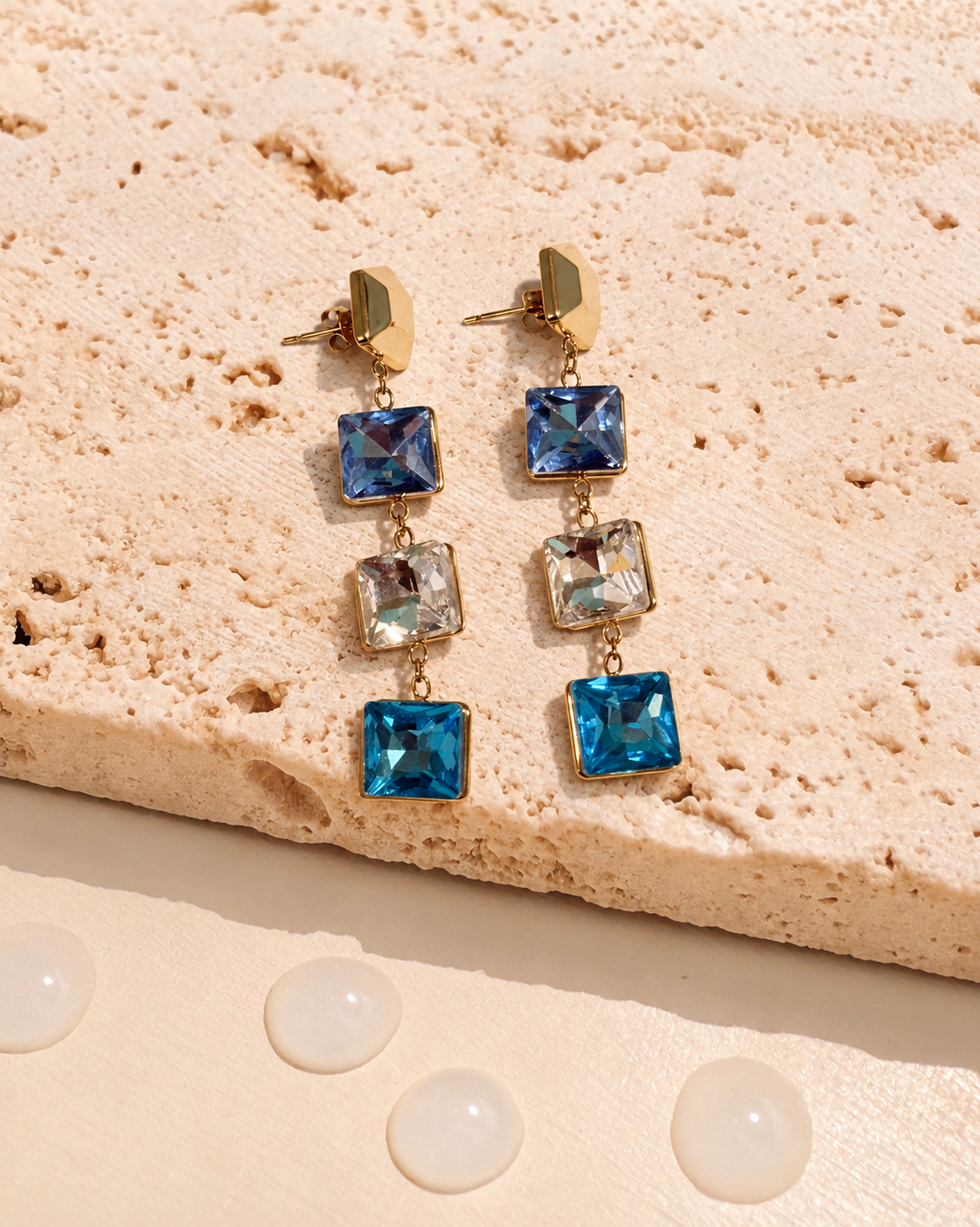 Kat (Blue) Colored Blue Shade Zircon Four Square Shaped Bezel Set Tassel Design Gold Stud Drop Earrings