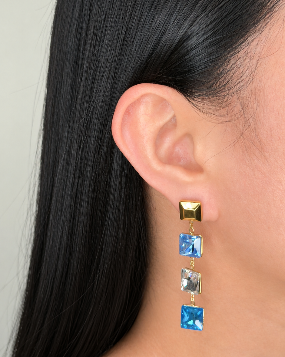 Kat (Blue) Colored Blue Shade Zircon Four Square Shaped Bezel Set Tassel Design Gold Stud Drop Earrings