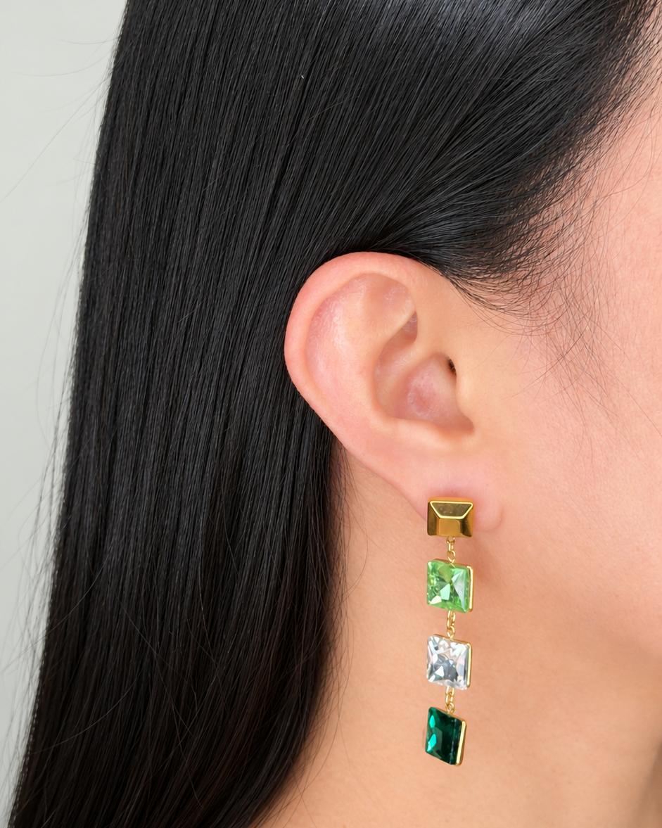 Kat (Green) Colored Green Shade Zircon Four Square Shaped Bezel Set Tassel Design Gold Stud Drop Earrings