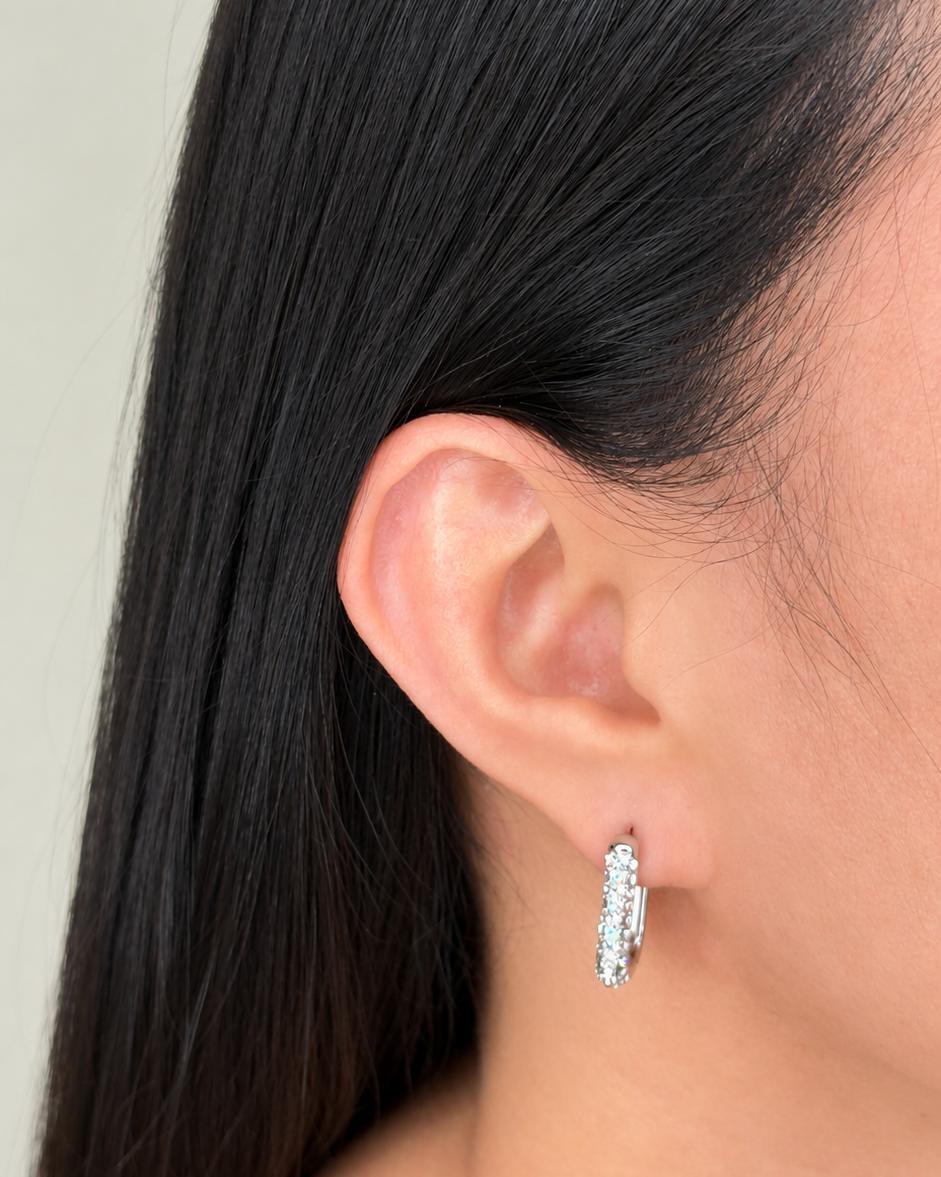 Kathleen (Silver) Zircon Paved Half Front Face  U-Shaped Silver Hoop Earrings