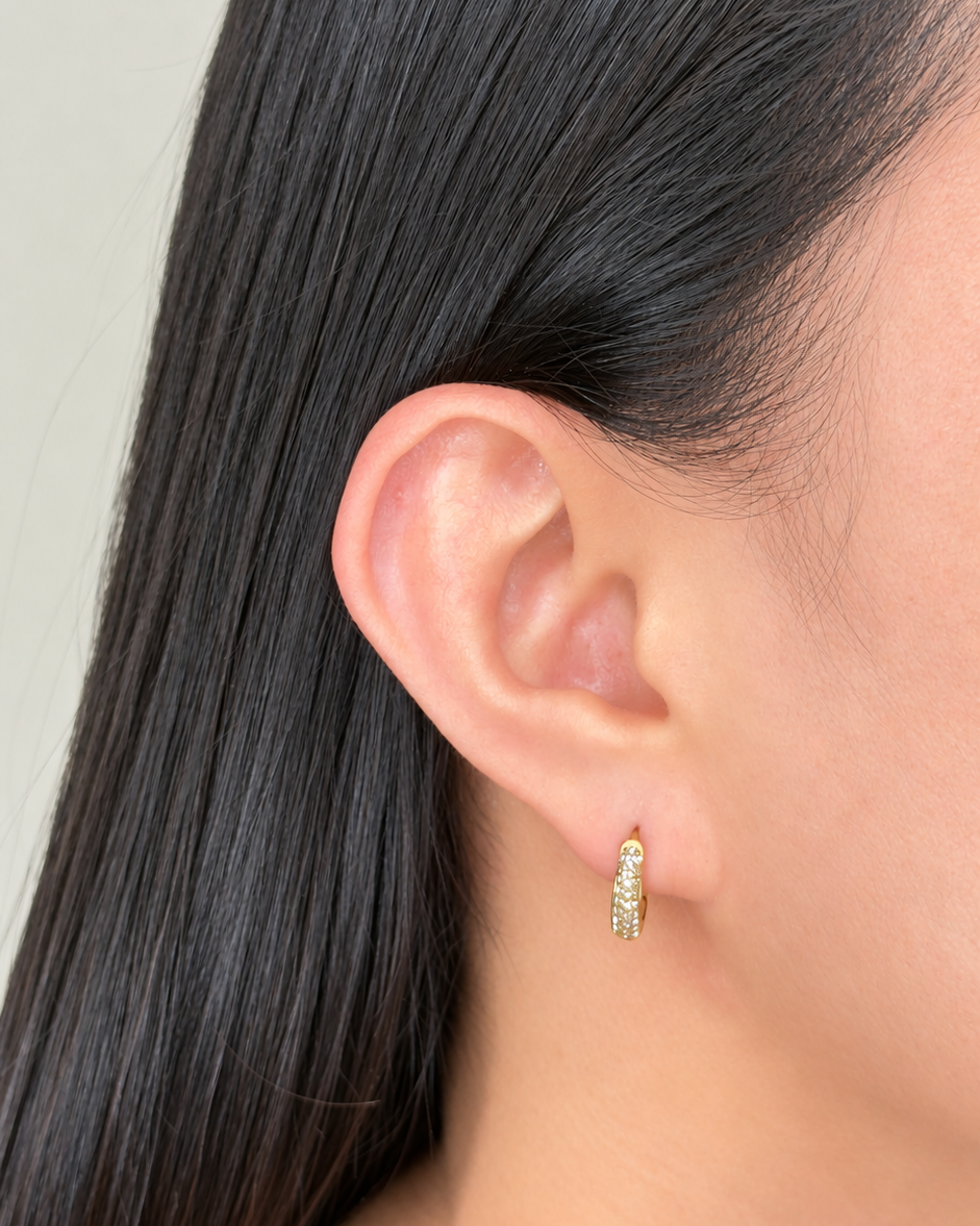 Katya Dainty Pear Shaped Zircon Front Paved Gold Huggies
