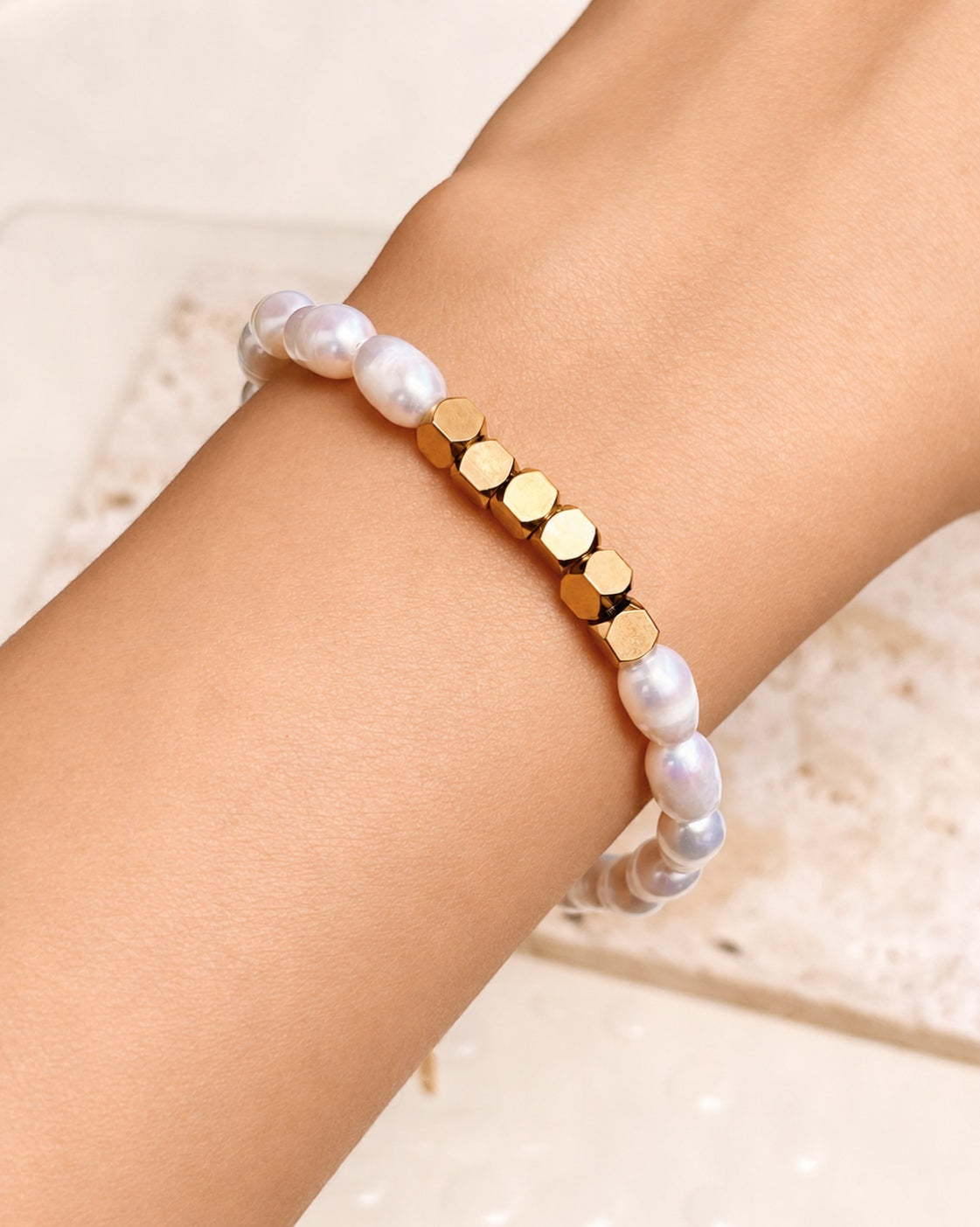 Kayla Pearl Beaded Center Faceted Gold Box Beads Gold Bracelet