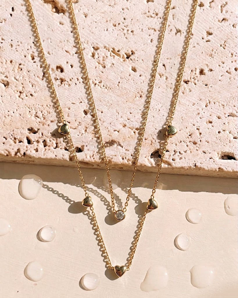 Liora (Gold) Double Layer Round Zircon Pendant Heart Shaped Beads Pendant Classic Link Chain Gold Necklace