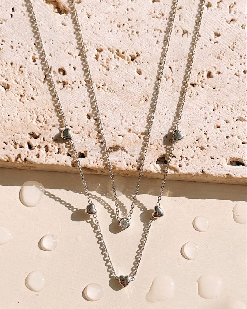 Liora (Silver) Double Layer Round Zircon Pendant Heart Shaped Beads Pendant Classic Link Chain Silver Necklace