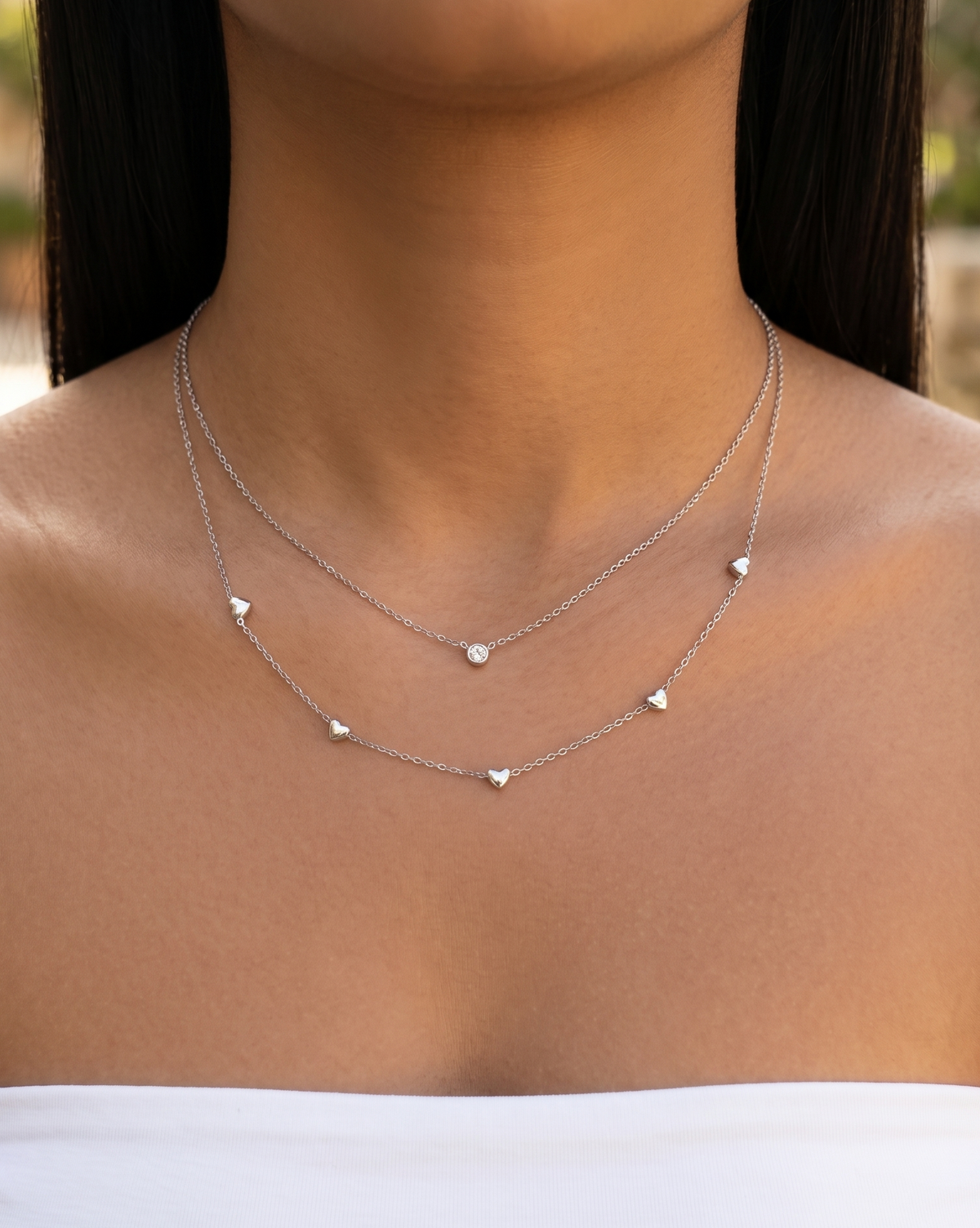 Liora (Silver) Double Layer Round Zircon Pendant Heart Shaped Beads Pendant Classic Link Chain Silver Necklace