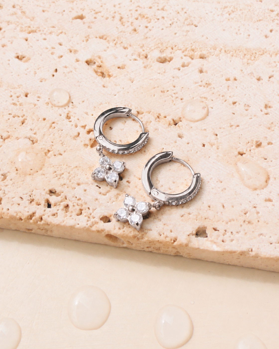 Livia (Silver) Zircon Paved Rounded Huggies Quad Flower Shaped Zircon Crowned Set Silver Drop Earrings