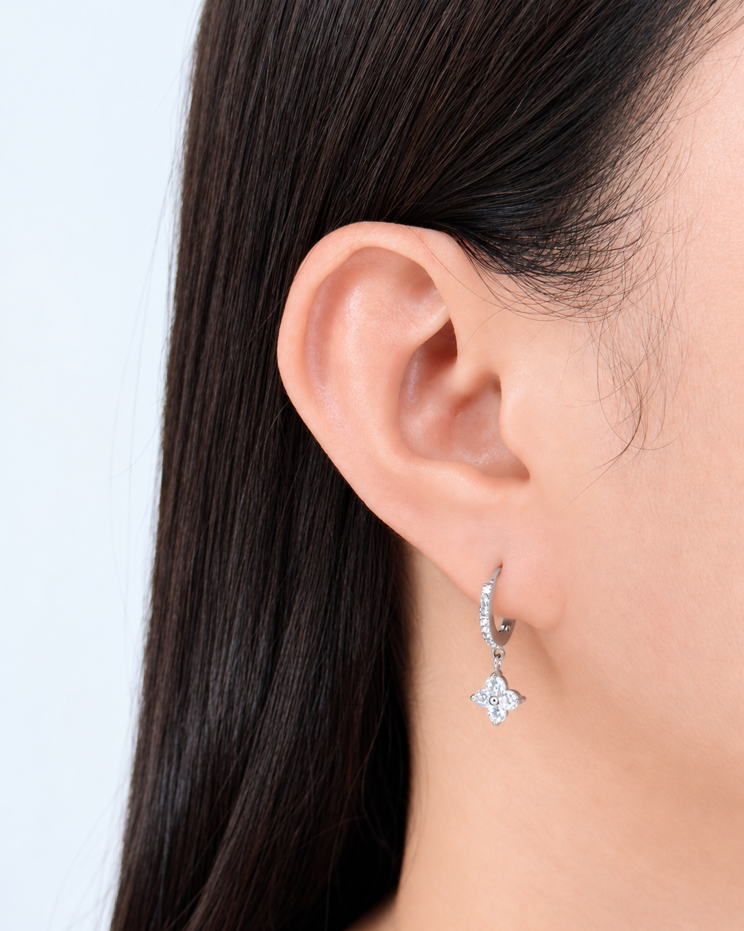Livia (Silver) Zircon Paved Rounded Huggies Quad Flower Shaped Zircon Crowned Set Silver Drop Earrings