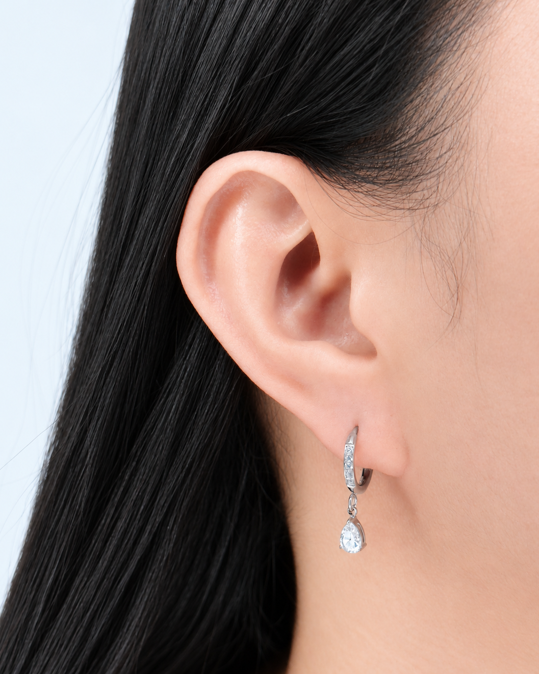 Loretta (Silver) Zircon Paved Rounded Huggies Teardrop Waterdrop Shaped Zircon Crowned Set Drop Earrings