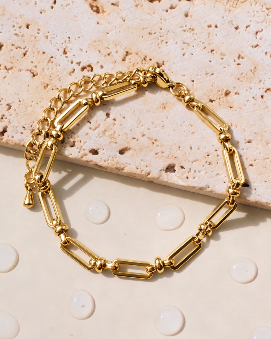 Lorraine (Gold) Rounded Flat Paper Clip Ball Beaded Link Chain Design Bracelet