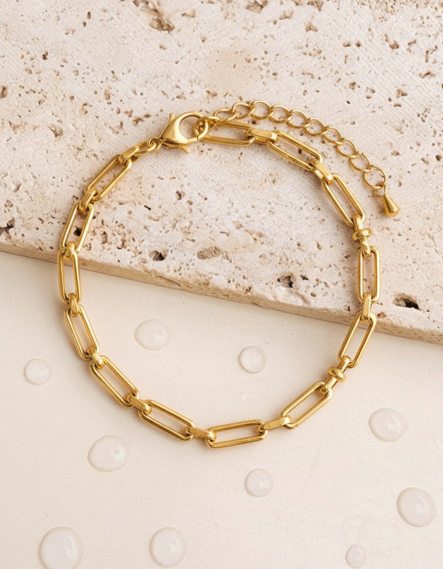 Lorraine (Gold) Rounded Flat Paper Clip Ball Beaded Link Chain Design Bracelet