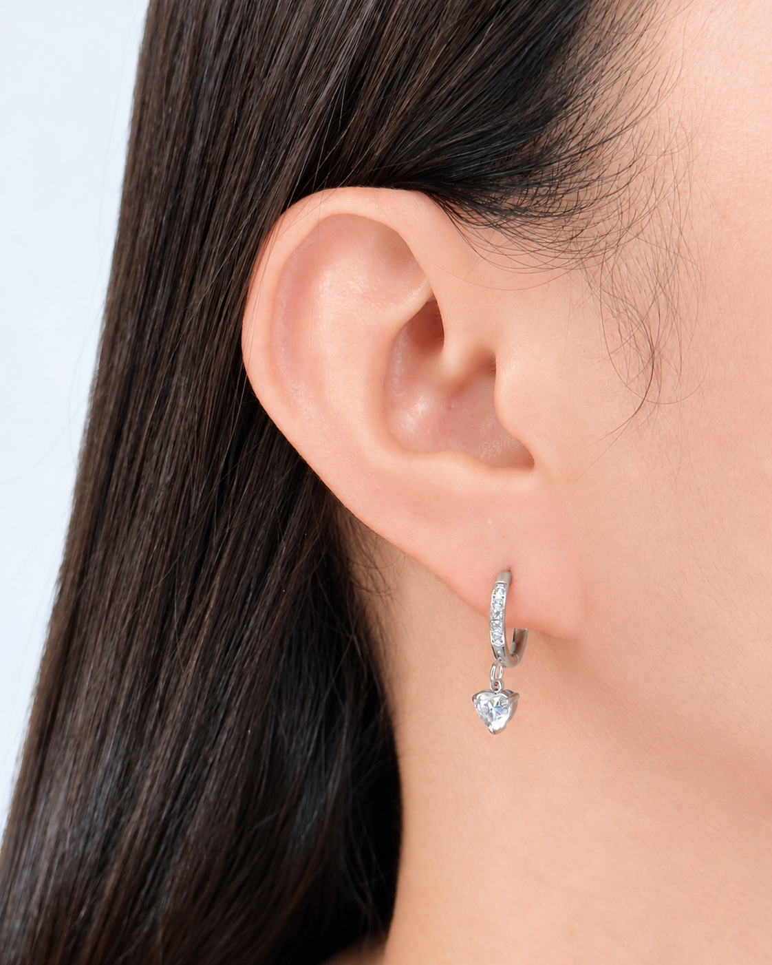 Luz (Silver) Zircon Paved Rounded Huggies Heart Shaped Zircon Crowned Set Silver Drop Earrings