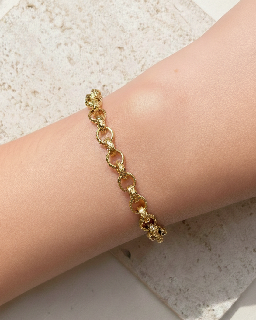 Lyrasha Textured Hammered Round Hoop Link Chain Design Gold Bracelet