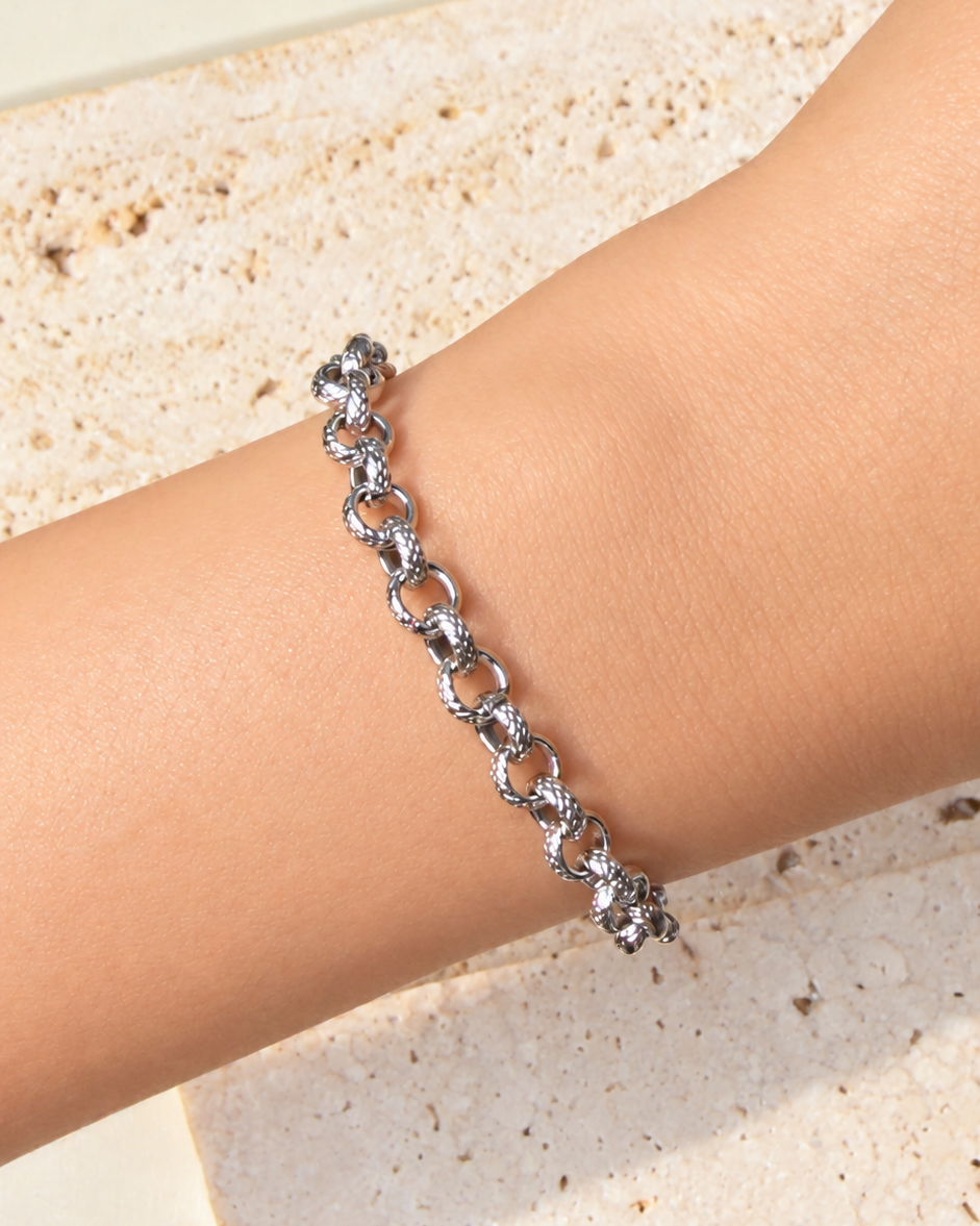 Lyrasha (Silver) Textured Hammered Round Hoop Link Chain Design Silver Bracelet