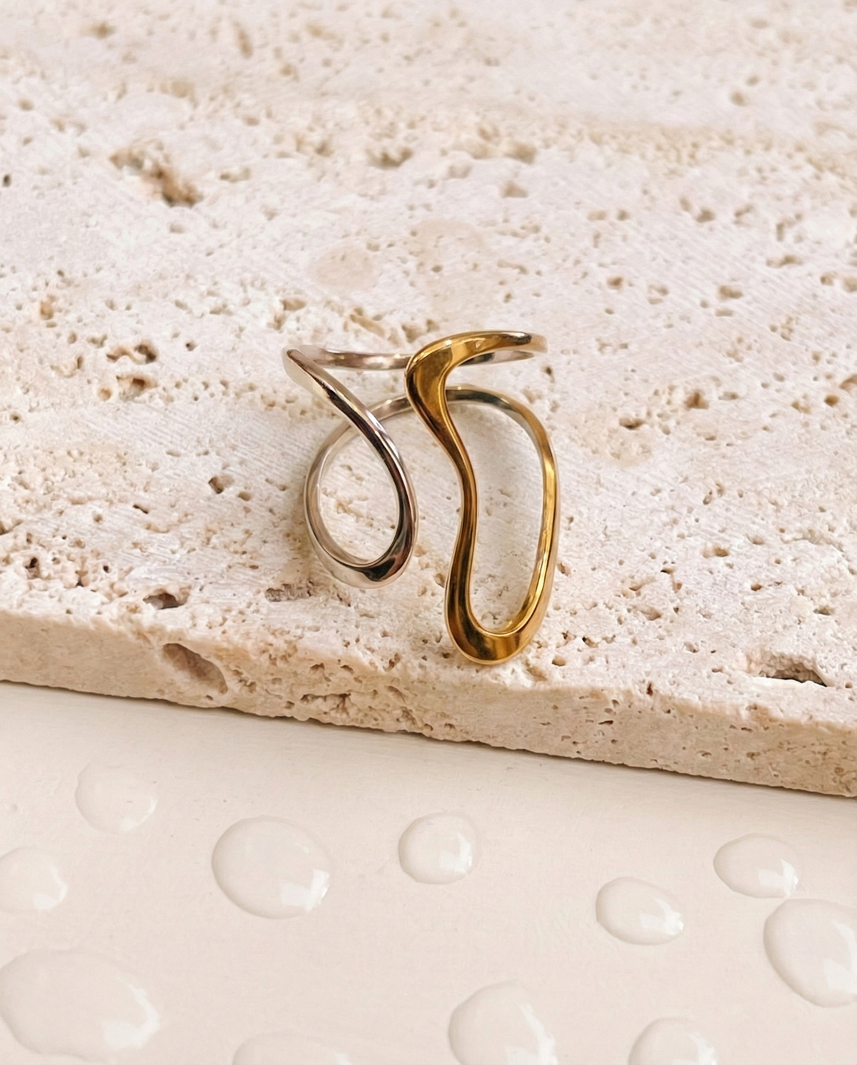 Maggie (Two Tone) Smooth Semi Flat Abstract Line Fluid Minimalist Design Open Ring