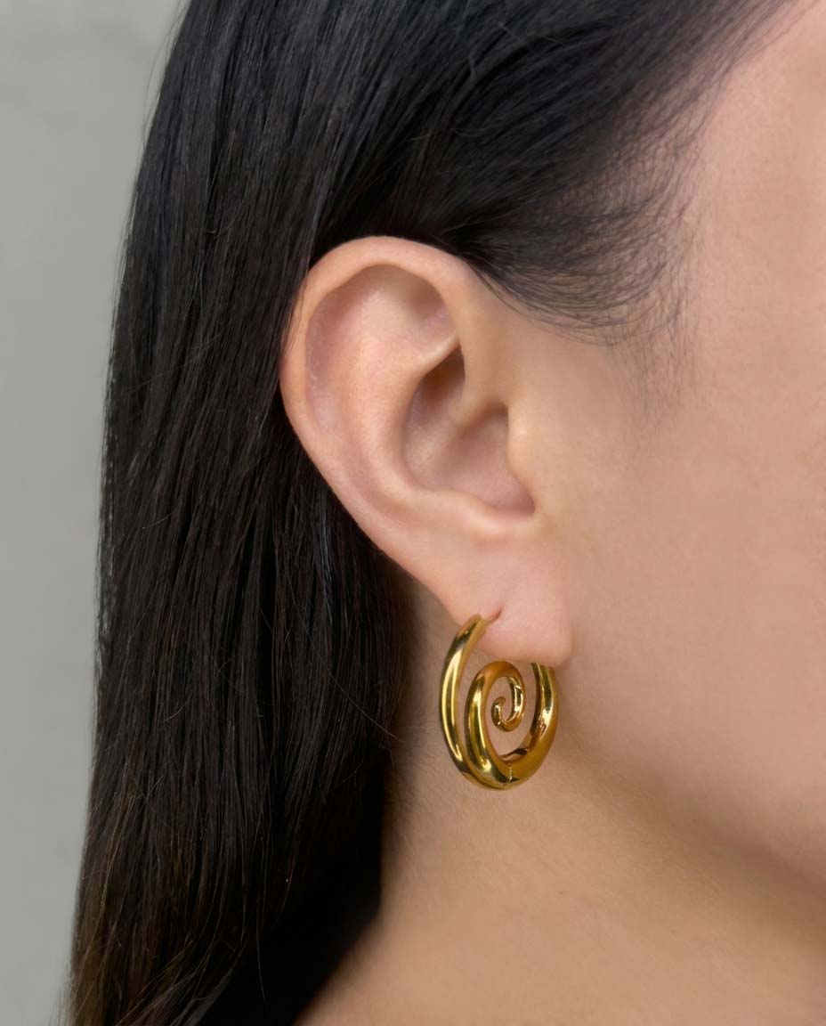 Marcia Swirl Linear Conch Shell Design Gold Hoop Earrings