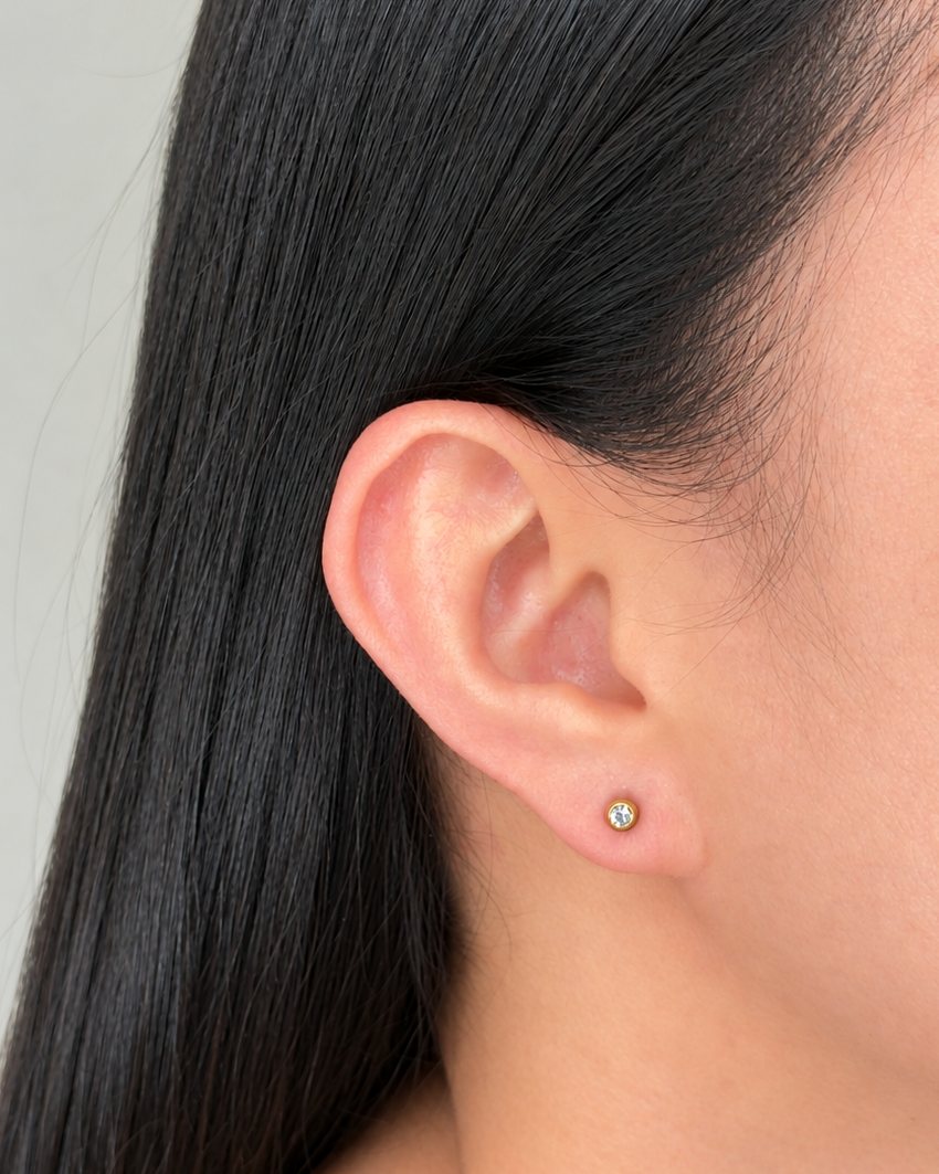 Matilda (Bundle Set) 3 Pairs Dainty Round Zircon Bezel Set Stud Green Enamel Clover Flower Shaped Solid Ribbon Shaped Design Gold Stud Earrings