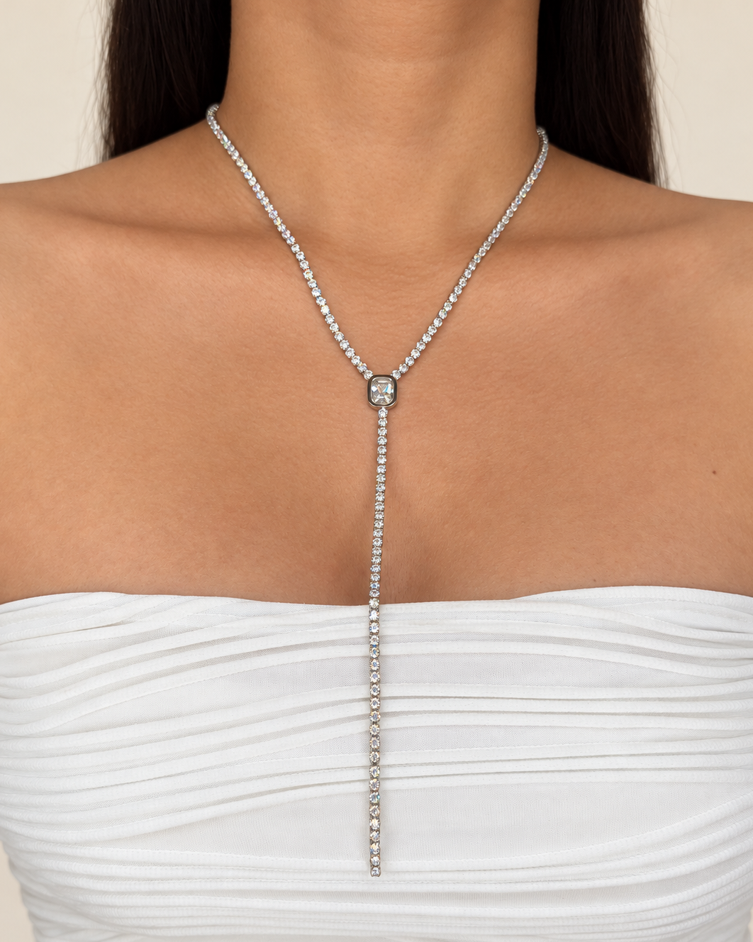 Medussa (Silver) Zircon Tennis Chain Rectangular Diamond Design Pendant Y-Shaped Dangling Design Silver Necklace
