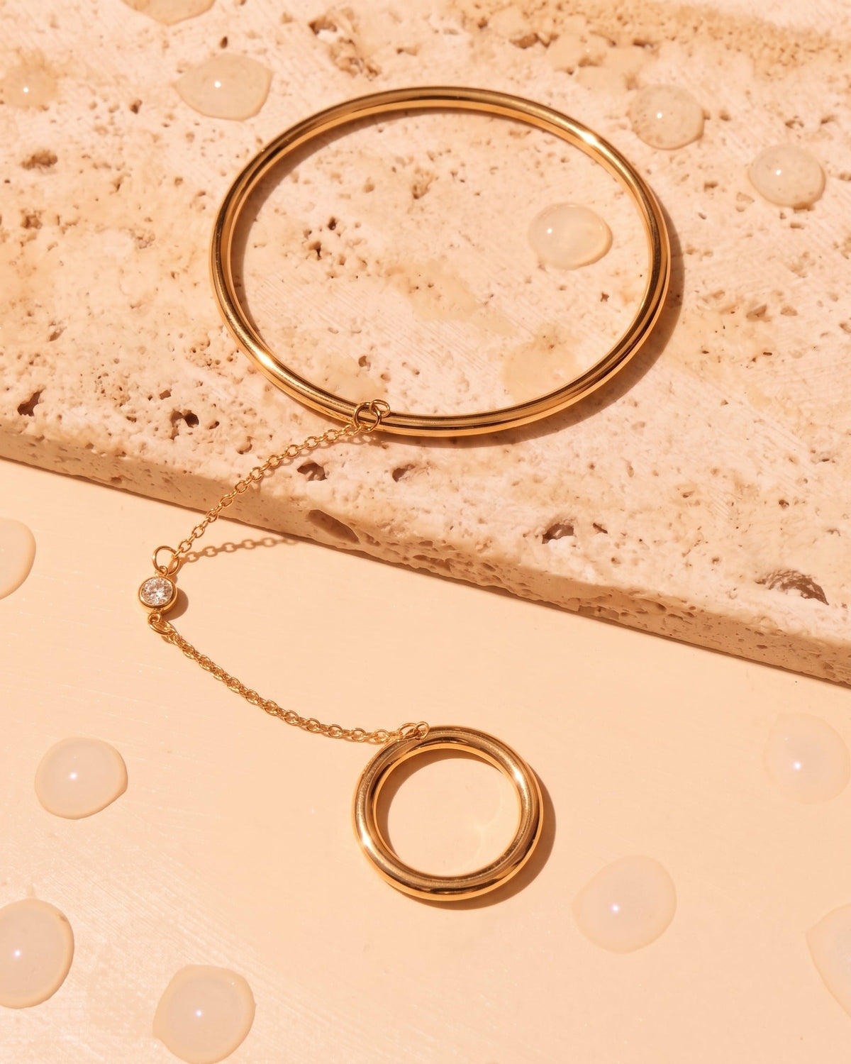 Mitch (Gold) Thin Bangle Zircon Pendant Chain Finger Ring Gold Bracelet