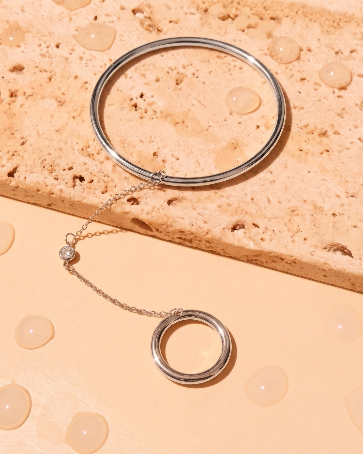 Mitch (Silver) Thin Bangle Zircon Pendant Chain Finger Ring Silver Bracelet