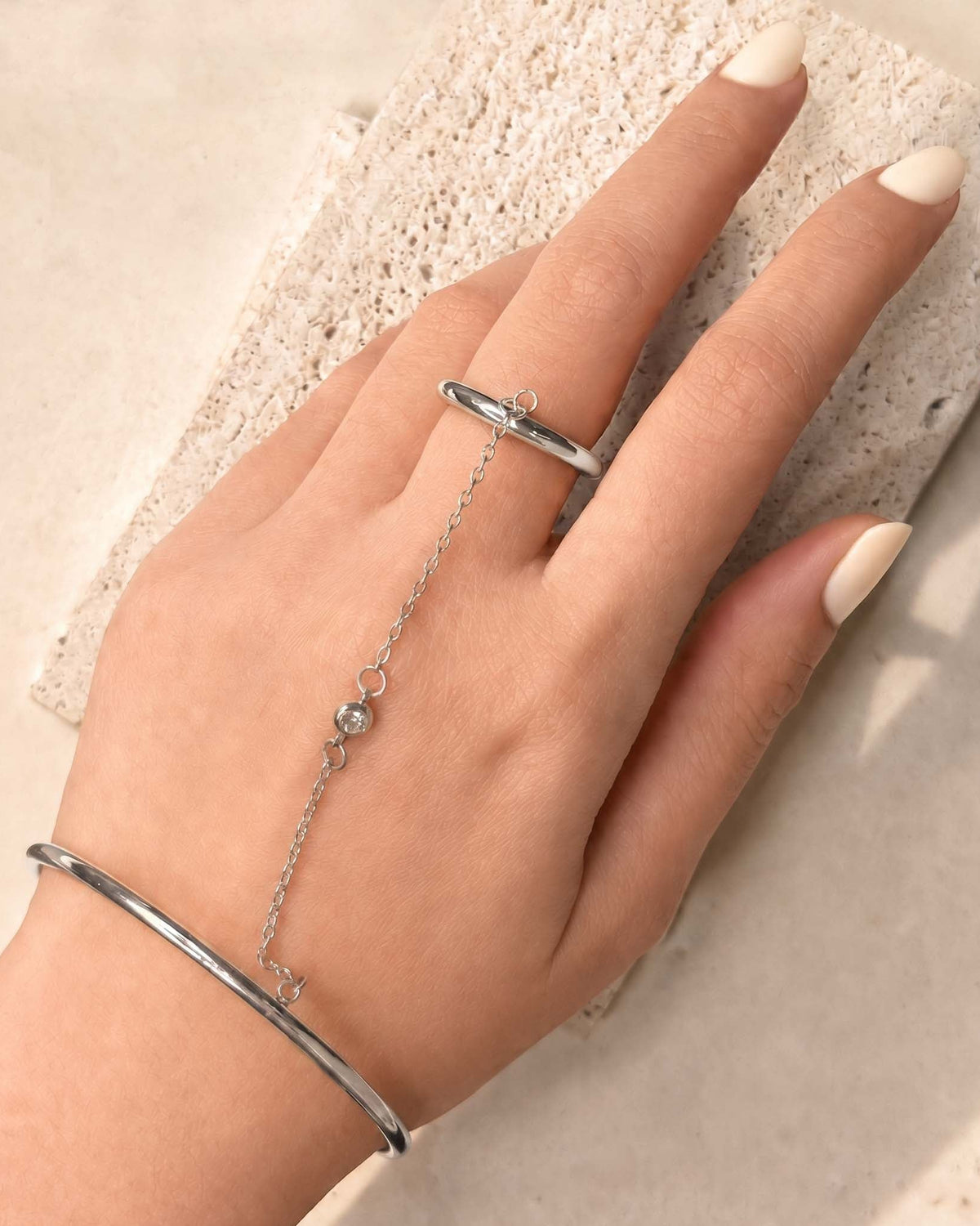Mitch (Silver) Thin Bangle Zircon Pendant Chain Finger Ring Silver Bracelet