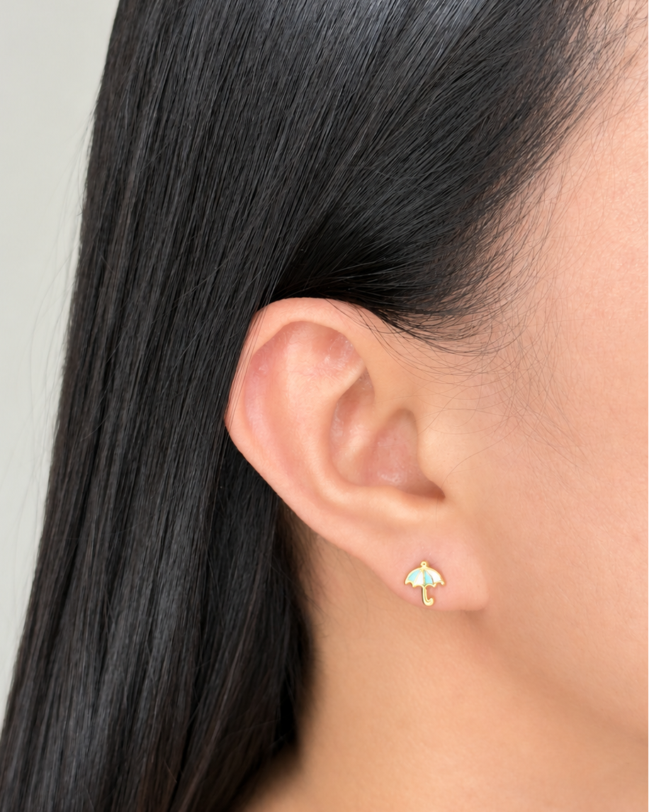 Moana (Bundle Set) 3 Pairs Dainty Star Shaped Green Enamel Umbrella Shaped Half Zircon Paved Horse Shoe Shaped Design Gold Stud Earrings