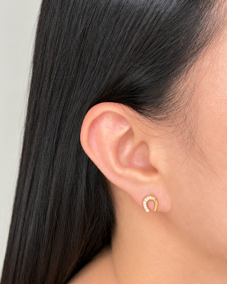 Moana (Bundle Set) 3 Pairs Dainty Star Shaped Green Enamel Umbrella Shaped Half Zircon Paved Horse Shoe Shaped Design Gold Stud Earrings