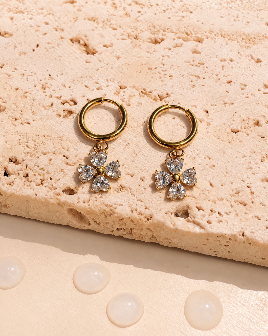Monroe (Gold) Classic Thin Round Huggies Zircon Clover Shaped Bezel Set Gold Drop Earrings