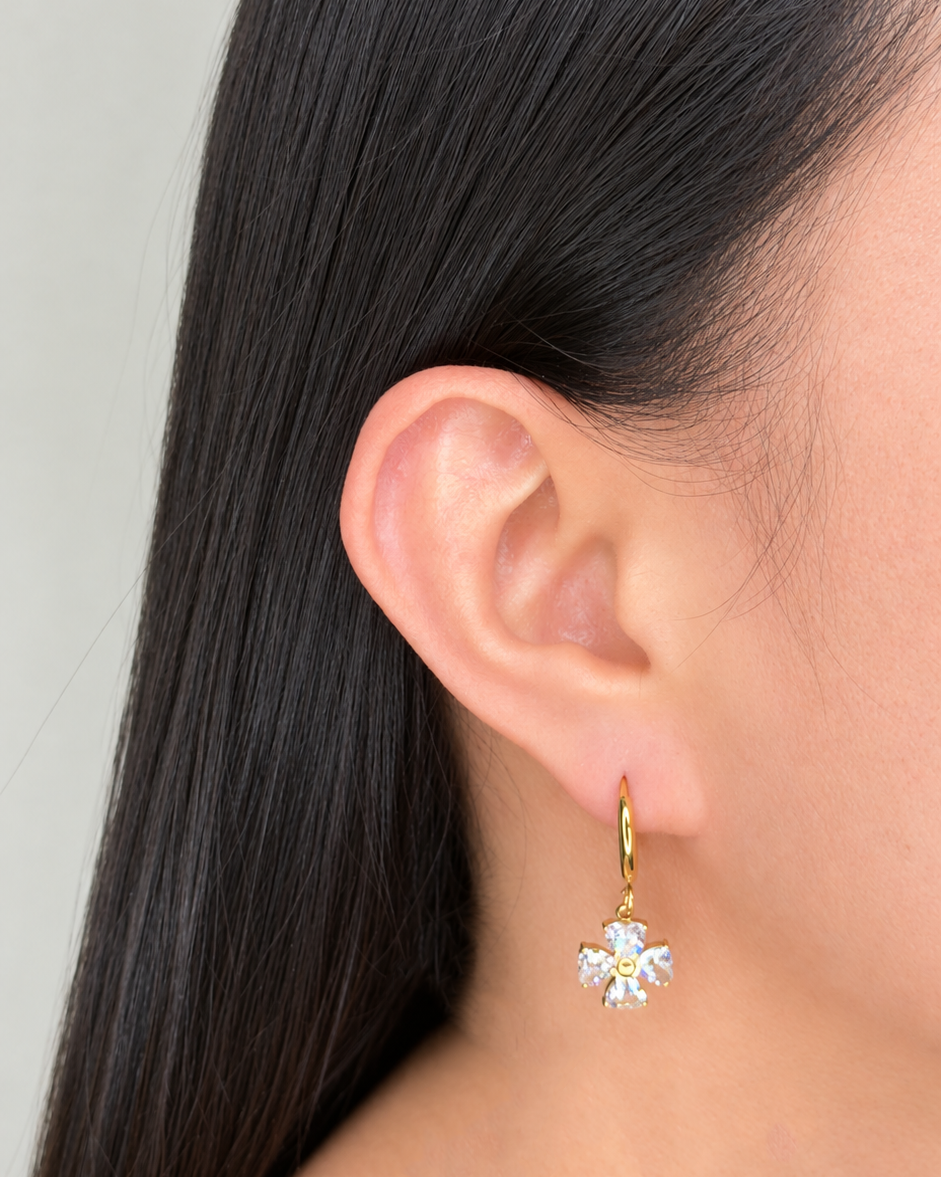 Monroe (Gold) Classic Thin Round Huggies Zircon Clover Shaped Bezel Set Gold Drop Earrings