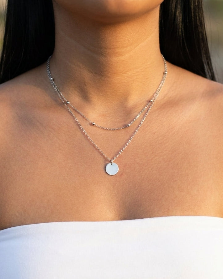 Nadine (Silver) Double Layer Beaded Chain Disc Pendant Silver Necklace