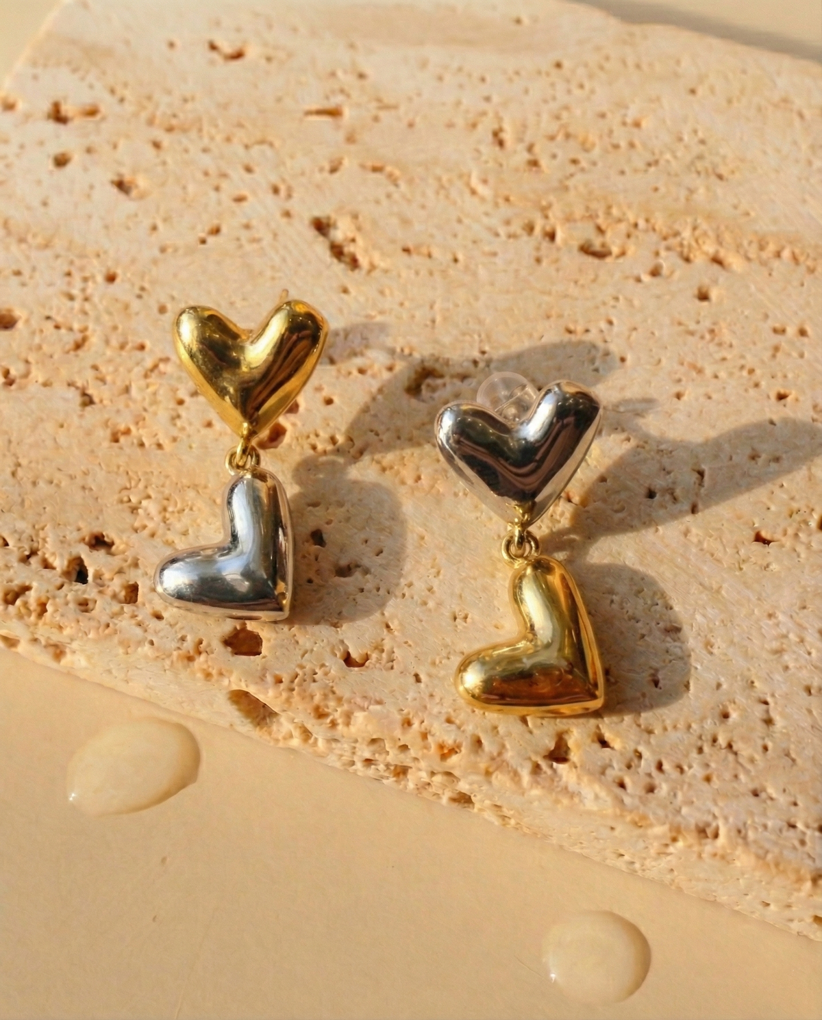 Nancy (Two Tone) Silver Gold Heart Shaped Stud Heart Shaped Drop Earrings