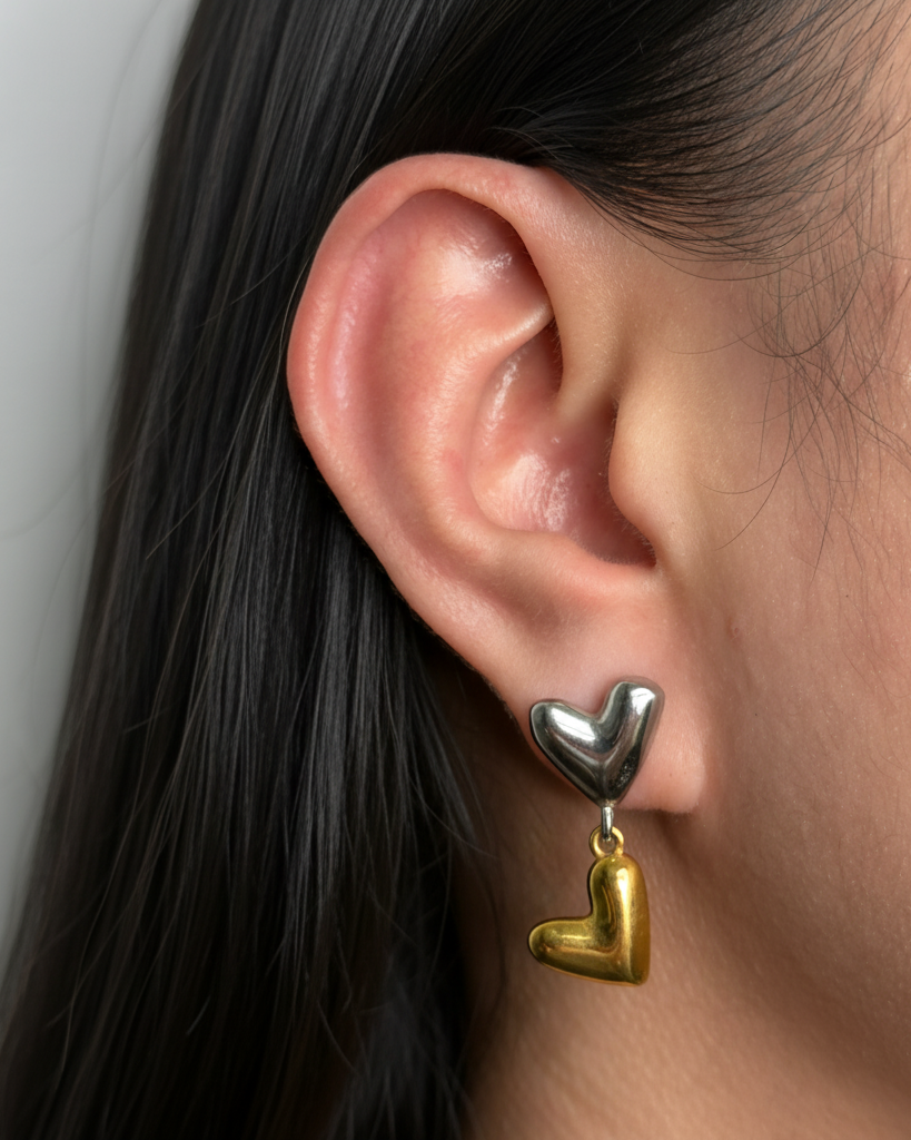 Nancy (Two Tone) Silver Gold Heart Shaped Stud Heart Shaped Drop Earrings