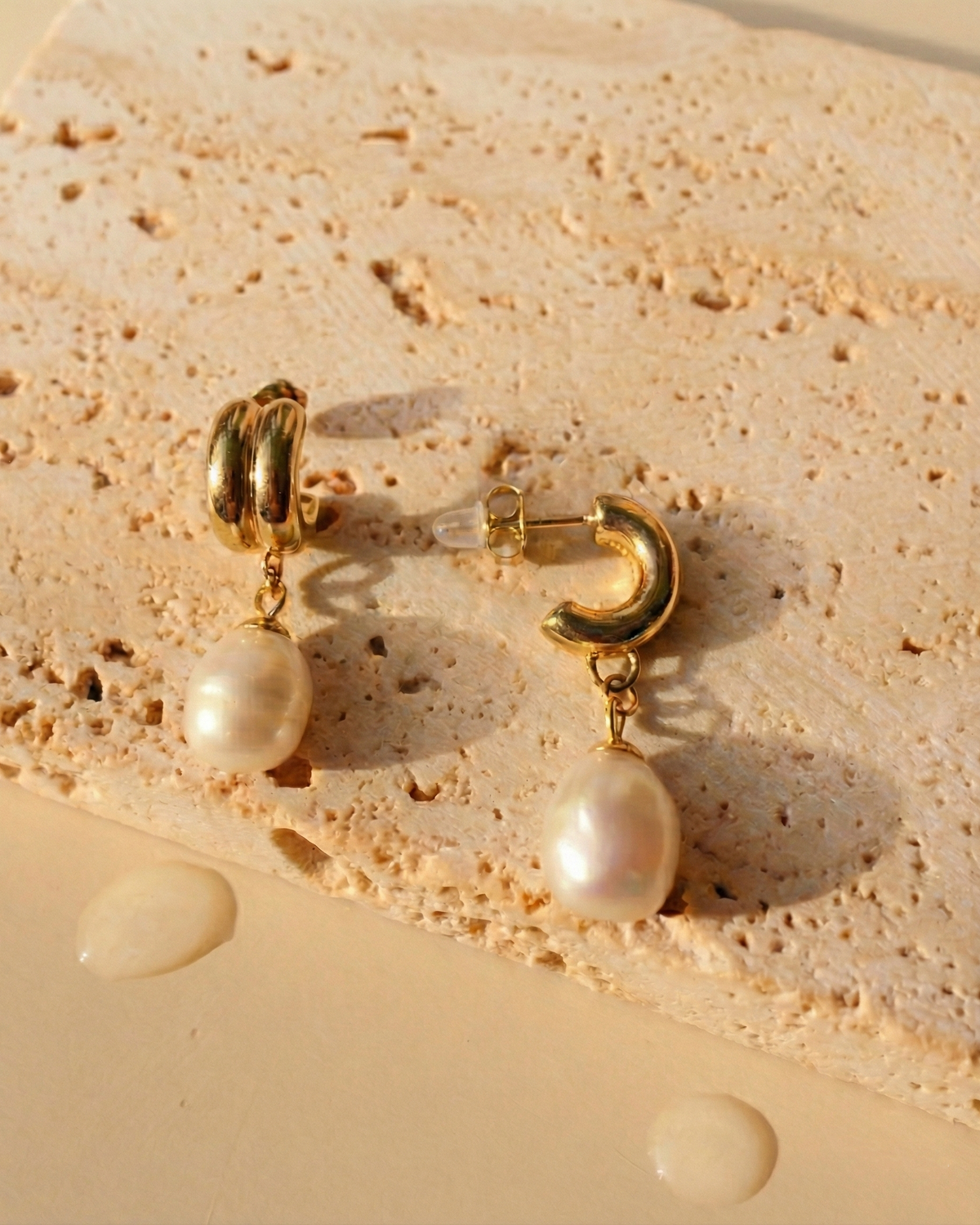 Nika Stacked Double Layer C-Shaped Thick Gold Huggies Round Pearl Drop Earrings
