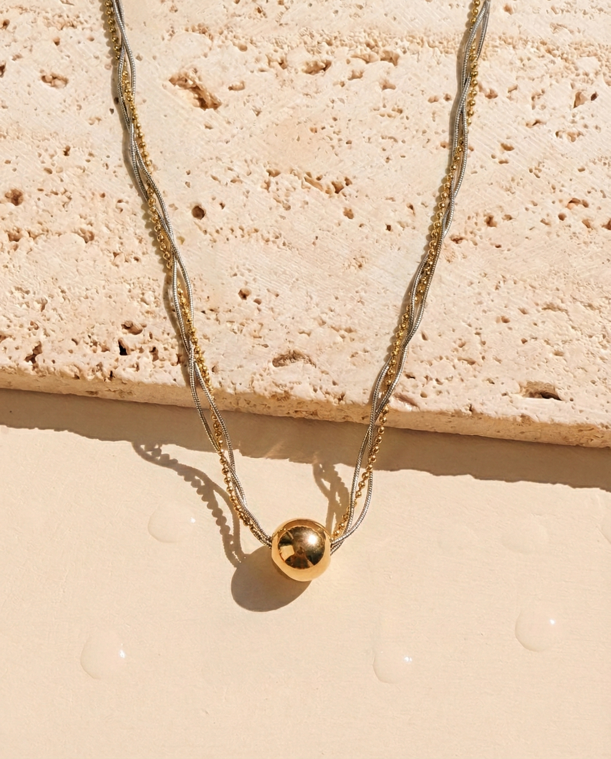 Oakley Two Tone Twisted Triple Layer Silver Snake Chain Gold Ball Beads Chain Round Gold Ball Pendant Necklace