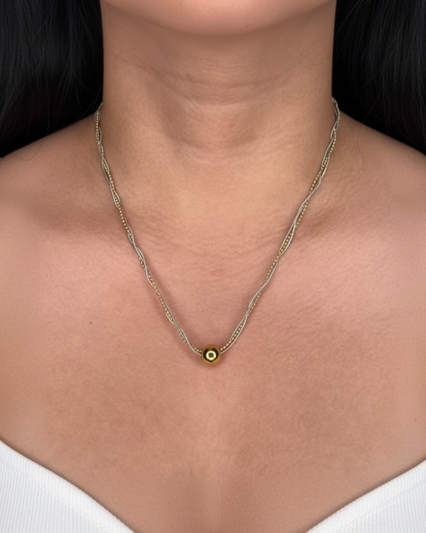 Oakley Two Tone Twisted Triple Layer Silver Snake Chain Gold Ball Beads Chain Round Gold Ball Pendant Necklace