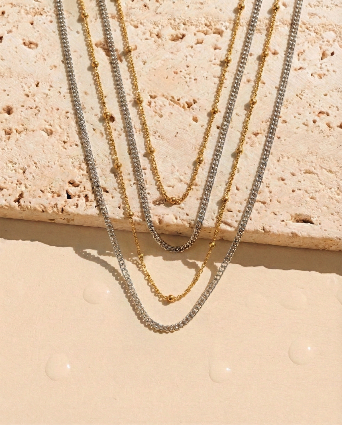 Olive Two Tone Quad Layer Gold Ball Beaded Thin Curb Chain Silver Thin Cuban Chain Alternate Design (Chain Only) Necklace