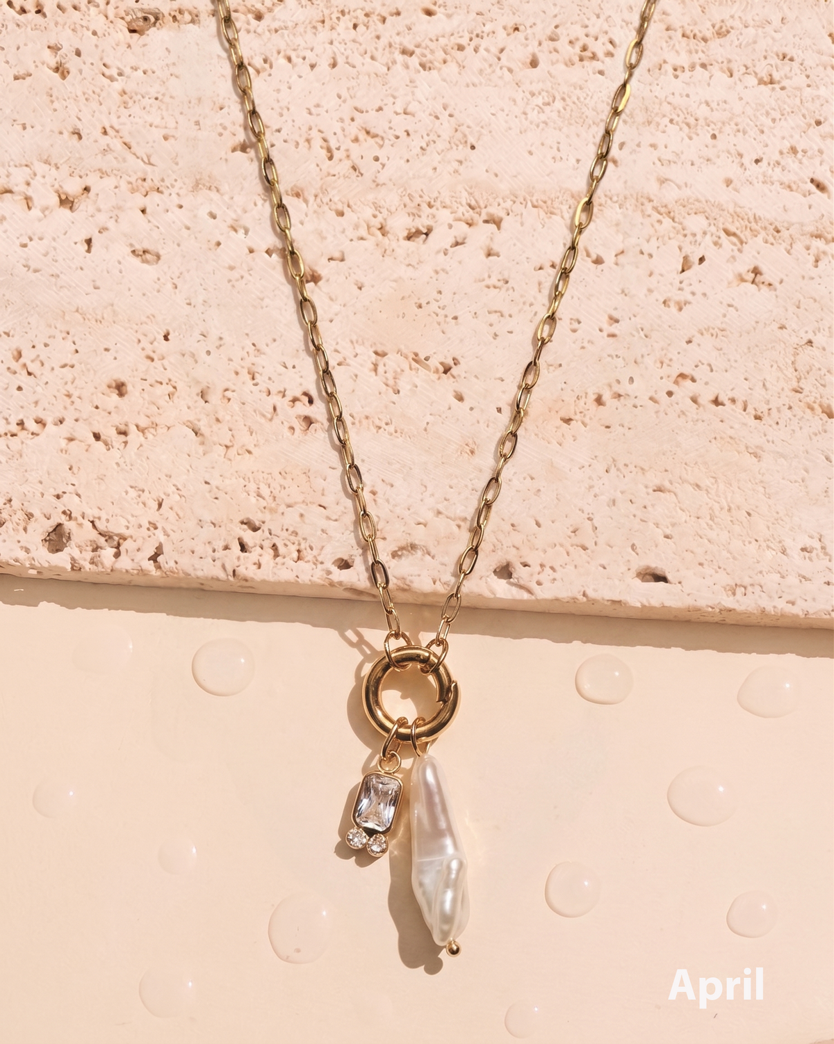 Olivia Birthstone Birth Month Color Zircon Long Pearl Dual Pendant Thin Link Chain Gold Necklace