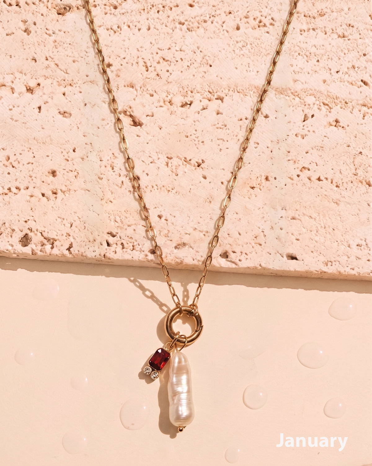 Olivia Birthstone Birth Month Color Zircon Long Pearl Dual Pendant Thin Link Chain Gold Necklace