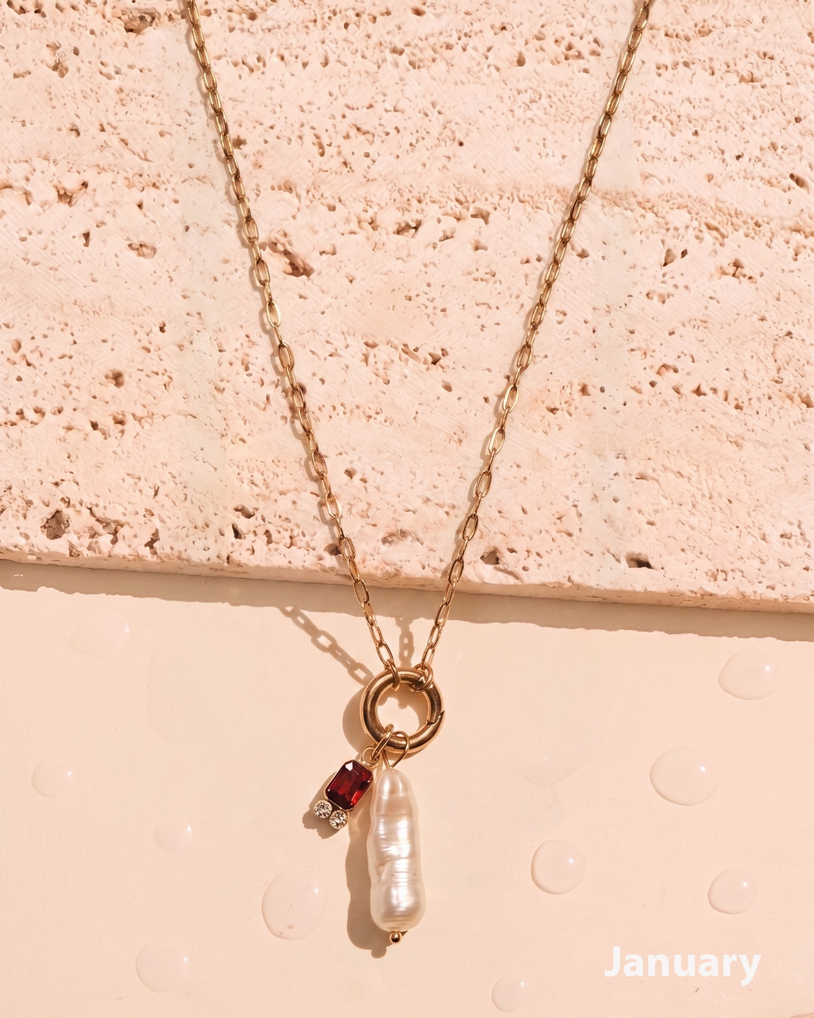 Olivia Birthstone Birth Month Color Zircon Long Pearl Dual Pendant Thin Link Chain Gold Necklace