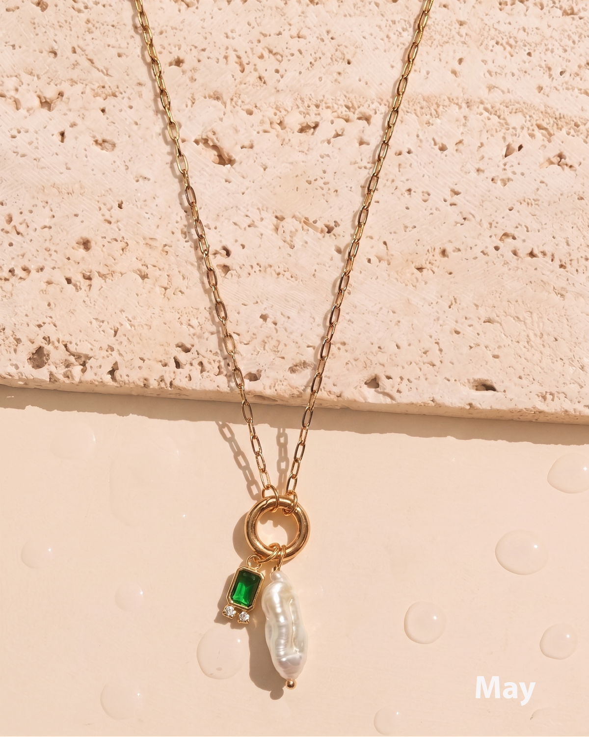 Olivia Birthstone Birth Month Color Zircon Long Pearl Dual Pendant Thin Link Chain Gold Necklace